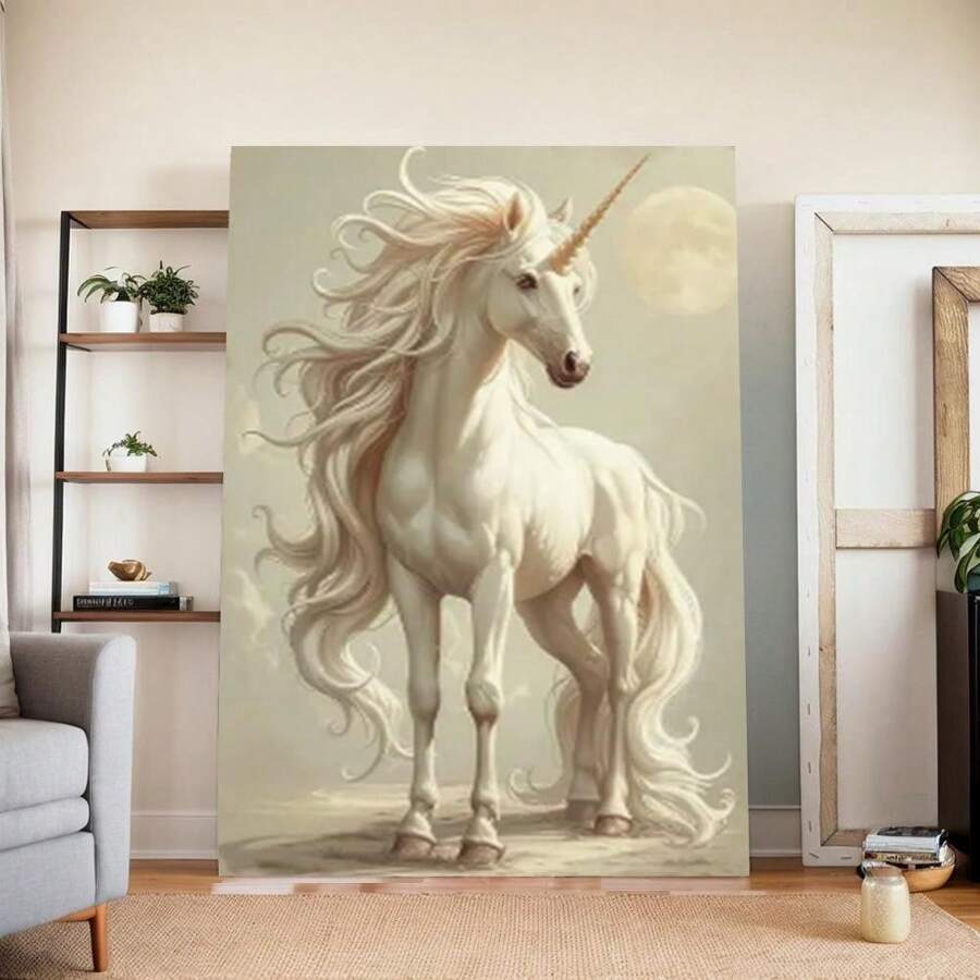 Framed Abstract Canvas   With Inner , Realistic Illustration Of A Unicorn With A Long Mane And Tail, Living Room Bedroom Canvas  Light Luxury Living Room Background Wall  Studio Hallway Art Hanging - Framed - View 1