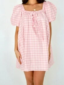 Women Summer Plaid Mini Dress Square Neck Puff Sleeve Bowknot Front Loose Casual Short Flowy Dress - 粉色 - 查看 3