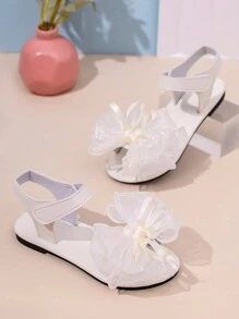 1 双加大码白色幼儿/女童平底凉鞋，透明网眼蝴蝶结钩环封闭式鞋头防滑时尚可爱公主罗马凉鞋，适合 3-15 岁女童，日常、派对、度假、休闲户外穿着，2025 年新品 - 米色 - 查看 5