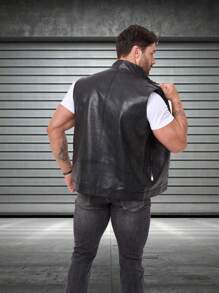 Gilet in pelle PU per motociclisti uomo, giacca senza maniche, stile sportivo da corridore, colore nero, adatto per primavera/estate