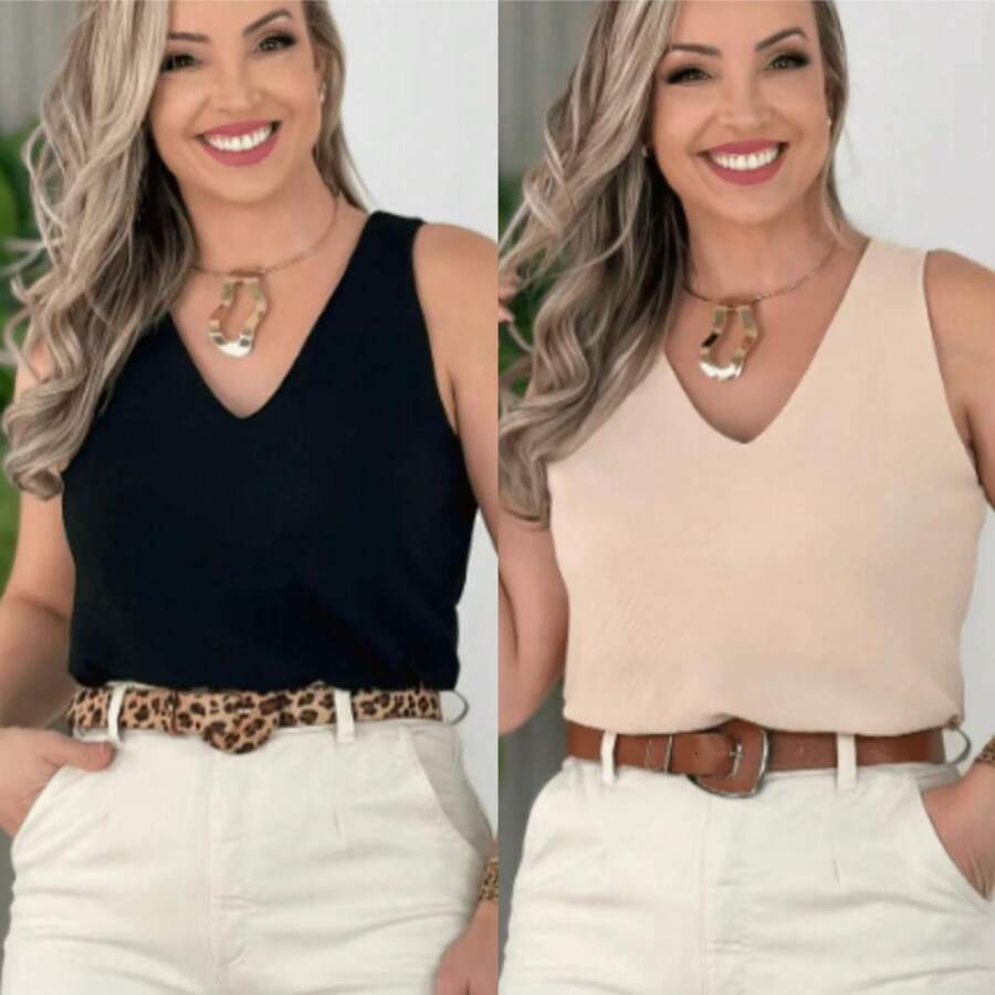 KIT With 2 Women's Social Blouse Wide Strap Tank Top Duna Fabric Isabella Tank Top Plain Basic Elegant Single Front - bege+preta - Xem 1