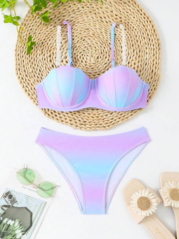 Set da 2 pezzi nuovo costume da bagno donna con decorazione a conchiglia, include reggiseno a bretelle e slip a bikini, adatto per vacanze estive in spiaggia