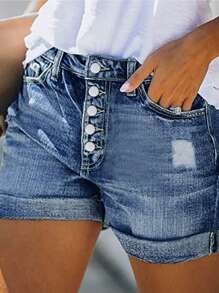 Casual Distressed Denim Frayed Multi-Button Shorts - Blue - View 5