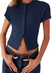 Womens Ribbed Button Down Going Out Crop Top Short Sleeve Crew Neck Tight Basic Tees Casual Cardigan Tops Solid Color T-Shirt - Navy Blue - View 1
