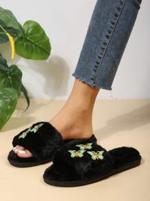 Fluffy Butterfly Decor Slide Slippers, Women Indoor/Outdoor Plush Slip On, Autumn/Winter