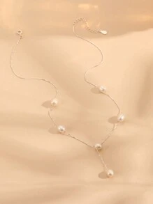 Dây chuyền hình chữ Y bằng bạc Sterling 925 đơn giản đính ngọc trai giả Dây chuyền xương đòn Thanh lịch và phong cách, phù hợp để đeo hàng ngày với quà tặng ngày lễ Trang sức chất lượng cho ngày lễ tình nhân - Bạc - Xem 6