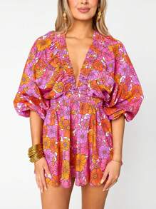 Women's Y2K Summer Short Boho Jumpsuit Long Sleeve Deep V Neck Stripe/Floral Print Playsuit - 橘色 - 查看 1