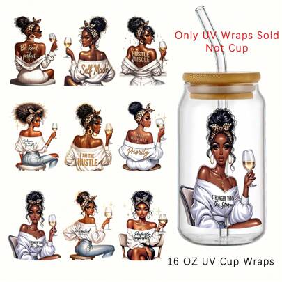 Afro Lady Girl Love Alcohol UV DTF Transfer Stickers 9Pcs/Set- Waterproof & Scratch-Resistant, High-Quality Self-Adhesive Decals For Mugs & Water Bottles,Ideal Gift For Birthdays, Holidays, Christmas, New Year, Valentine's Day
