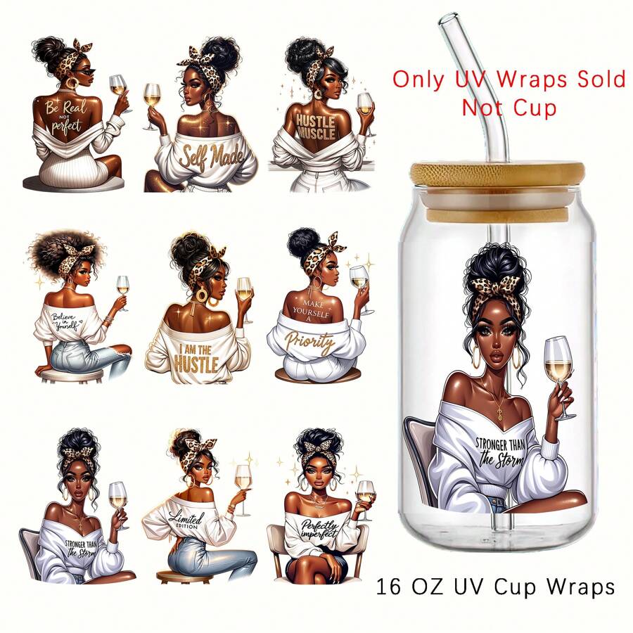 Afro Lady Girl Love Alcohol UV DTF Transfer Stickers 9Pcs/Set- Waterproof & Scratch-Resistant, High-Quality Self-Adhesive Decals For Mugs & Water Bottles,Ideal Gift For Birthdays, Holidays, Christmas, New Year, Valentine's Day
