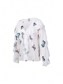 Women Long Sleeve Chiffon Shirts Button-Down Ruffle T Shirt Lady Elegant Solid Color/Letter/Butterfly/Plant Print V-Neck Long Sleeve Dressy Blouse Summer Vacation Casual Loose Top Boho Clothes Outfit - 藍白色 - 查看 4