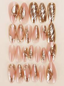 24片中号杏仁形按压式假指甲，金色镶边，甜美别致的法式风格，包含1片果冻胶和1个指甲锉，适合女士派对、舞会、日常佩戴，可重复使用的美甲用品。 - 彩色 - 查看 6