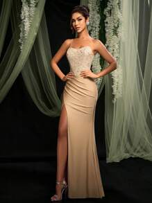 AOSHABABI Elegant Luxurious Apricot Halter Backless Formal Evening Gown (Heavily Embellished) [Exclusive Custom Beaded Fabric, Pleated Hem High Slit Fitted Design] Suitable For All Formal Occasions, Music Festivals, Galas, Weddings, Holiday Parties, Graduations, Cocktail Parties, Dates, Vacations, And Bridesmaid Dresses,Party Dress,Wedding Guest - Apricot - View 7