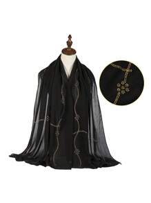 1pc Women's Black Rhinestone Embellished Chiffon Scarf/Neck Wrap, Multifunctional