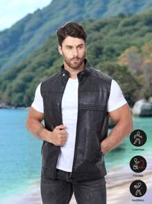 Gilet in pelle PU per motociclisti uomo, giacca senza maniche, stile sportivo da corridore, colore nero, adatto per primavera/estate