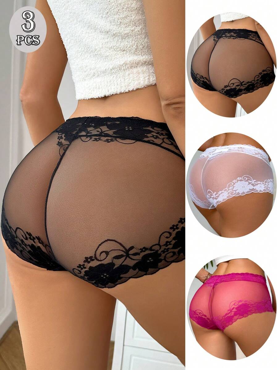 3 Pcs Lace Transparent Boxer Underwear Pajamas Women Solid Color Lace ...