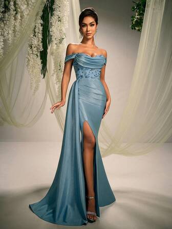 AOSHABABI 女士优雅露肩高开衩蕾丝和亮片拼布露背拉链礼服，适合所有正式场合、音乐节、联欢晚会、婚礼、派对、毕业典礼、鸡尾酒会、约会、节日、伴娘、派对礼服、晚会、婚礼宾客