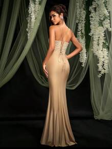 AOSHABABI Elegant Luxurious Apricot Halter Backless Formal Evening Gown (Heavily Embellished) [Exclusive Custom Beaded Fabric, Pleated Hem High Slit Fitted Design] Suitable For All Formal Occasions, Music Festivals, Galas, Weddings, Holiday Parties, Graduations, Cocktail Parties, Dates, Vacations, And Bridesmaid Dresses,Party Dress,Wedding Guest - Apricot - View 3