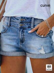 大码夏季休闲水洗双扣修身做旧牛仔短裤