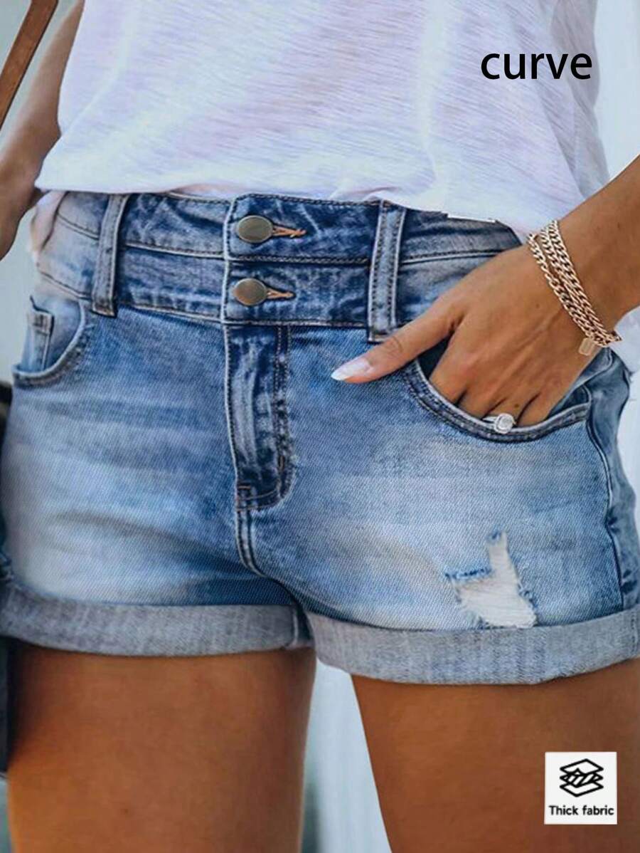 大码夏季休闲水洗双扣修身做旧牛仔短裤