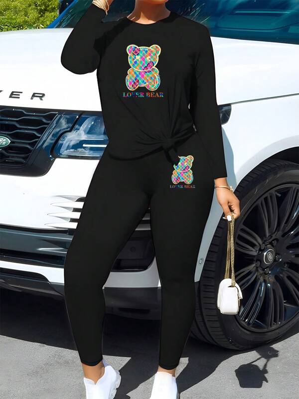 SUPSHUSY Cartoon Bear Print Long Sleeve Two Pieces Set, 2pcs/Set Cute Bear Print Long Sleeve Set, Round Neck Top And Slim Long Pants Set, Love Bear Pattern Print Black Bottom Top And Long Pants For Women