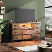 GIKPAL Dresser TV Stand For Living Room With 11 Fabric Drawers, Dresser For Bedroom With Power Outlets And RGB LED Lights, Open Shelf, Chest Of Drawers For Entryway Closet - 鏽棕色 - 查看 9
