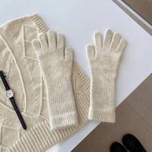 2024 Guantes elásticos de dedos completos para mujeres, guantes largos de lana de conejo, manoplas de invierno para mujeres, manoplas de color sólido, guantes gruesos y cálidos - Gris - Ver 7