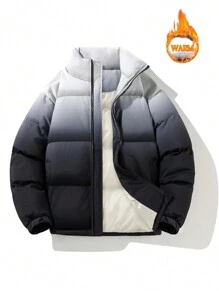 Men's Gradient Color Stand-Up Collar Faux Down Jacket, Loose And Warm Long-Sleeved Stand-Up Collar Down Jacket, Winter Gift