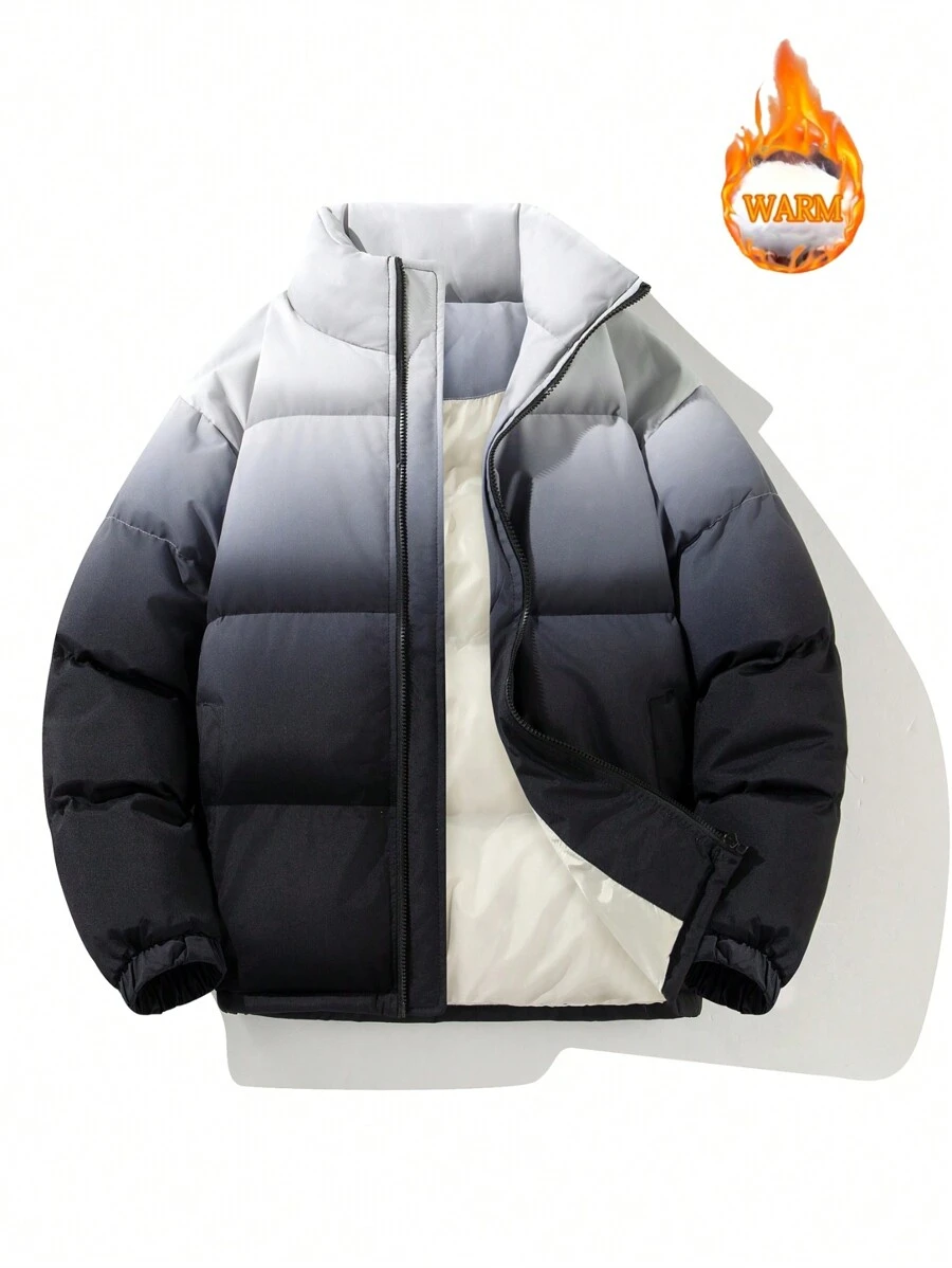 Men's Gradient Color Stand-Up Collar Faux Down Jacket, Loose And Warm Long-Sleeved Stand-Up Collar Down Jacket, Winter Gift