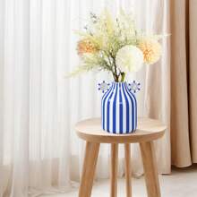 1 pieza Jarrón de cerámica con rayas pintadas a mano de estilo sencillo y flores, decoración para arreglos florales de mesa, decoración del hogar, cocina, boda, mesa, oficina, jardín y exteriores