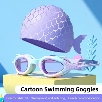Juego de gafas y gorra de natación de silicona con diseños de dibujos animados para jóvenes, gafas de deporte acuático impermeables y antivaho de alta definición, accesorios de playa, accesorios de piscina