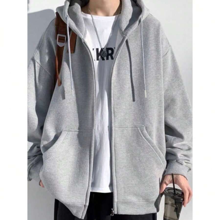 Moletom Aberto com Zíper, Capuz e Bolso Casaco Liso de Inverno, Quentinho e Moderno para Dias Frios - Cinza - Visão 1