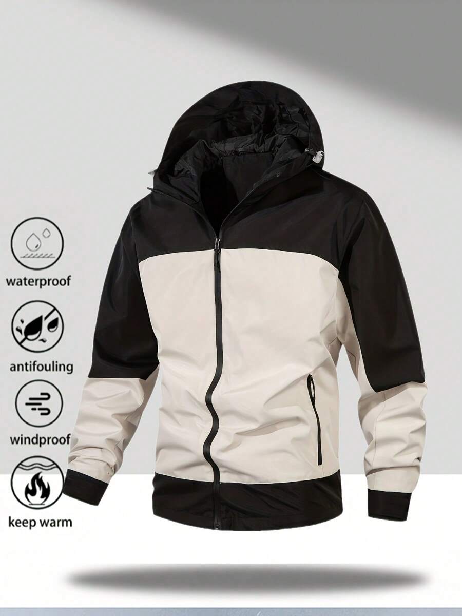 Men's Windproof And Waterproof Jacket, Casual And Breathable, With A Hood, Zipper, Long Sleeves And Pockets, Suitable For Hiking, Jogging, Cycling, Outdoor Fitness And Sports.