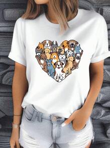 Women Heart-Shaped Dog Doodle Simple Heart Print Solid Color Short Sleeve Casual Regular Crew Neck T-Shirt