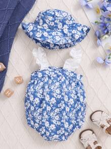 2pcs/Set Baby Girl Blue Floral Allover Print White Lace Sling Romper & Hat Set, Spring/Summer