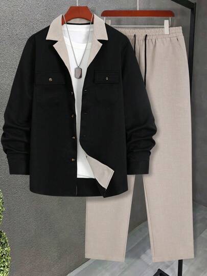 2 pièces Chemise à simple boutonnage avec col et poches, garniture contrastée, et pantalon unicolore avec cordon de serrage. Tenue décontractée régulière, confortable.