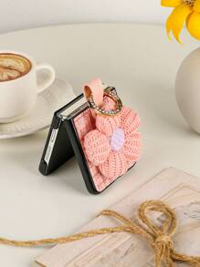 1pc Plaid Knitted Fabric Fashion Rhinestone Flower Ring Foldable Phone Case Compatible With Samsung Galaxy Z Flip3 5G, Galaxy Z Flip4 5G, Galaxy Z Flip5 5G, Galaxy Z Flip6 5G