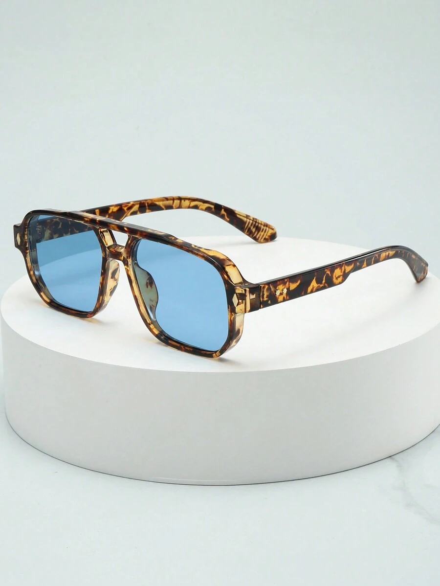 1pc Men's Classic Square Double-Bridge Minimalist Stylish Fashion Fashion Glasses, Suitable For Party, Casual, Holiday, Travel, Beach, Daily Wear - Yellow Tortoise Shell Frame With Blue Tablet - View 1