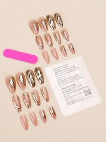 24片中号杏仁形按压式假指甲，金色镶边，甜美别致的法式风格，包含1片果冻胶和1个指甲锉，适合女士派对、舞会、日常佩戴，可重复使用的美甲用品。 - 彩色 - 查看 5