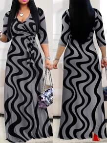 2026 Women's V-Neck Cinched Waist Dress, Spring/Summer - Grey - View 8