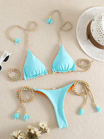 Conjunto de bikini de alta gama con parte superior de atar al cuello y espalda descubierta, traje de baño separado con trenzado, nuevo para 2025