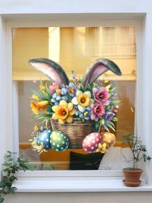 1pc/1set 2pcs Basket Egg Rabbit Window Cling Decal, Creative Home Decor For Living Room Bedroom, Double-Sided Visible Pattern Sticker Easter Gifts Birthday Graduation Stickers