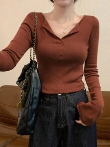 Áo len dệt kim dài tay ấm áp cổ chữ V màu trơn cho nữ - Đỏ - Xem 2