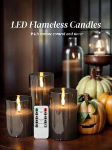 3pcs Battery Operated LED Flameless Candles, Plastic Wax Pillar Candles With Remote Control And Timer, Battery Powered Candles (Grey) - Grey - View 5