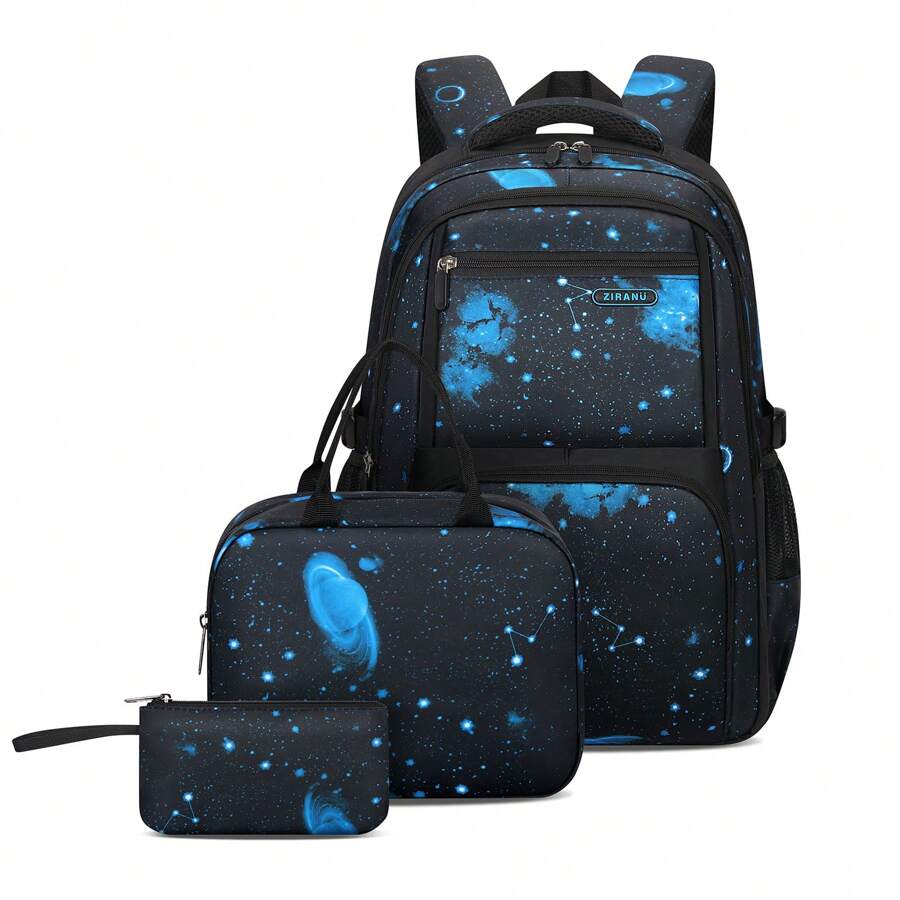 3pcs/Set Starry Sky Print Backpack With Lunch Box & Pencil Case, Large Capacity Multi-Pocket Student Backpack, Casual Lightweight Travel Backpack, 18-Inch Laptop Bag, Unisex, Suitable For Daily, Travel, School, Back To School Gift