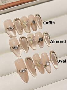 10pcs Dry Leaf Butterfly Style Handmade Press-On Nails, Champagne French Cat Eye Luxury Elegant Butterfly Nail Art Design, Sweet Coffin Shaped Hand Painted Nail Stickers, Reusable For Daily Wear, Suitable For Dates
