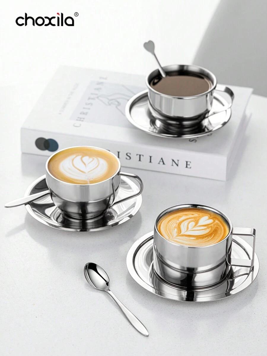choxila 3 件套咖啡杯，米兰咖啡杯套装，咖啡杯碟勺，马克杯，浓缩咖啡杯，优质不锈钢，适用于浓缩咖啡和手冲咖啡 回到学校 - Coffee Mugs - 查看 1
