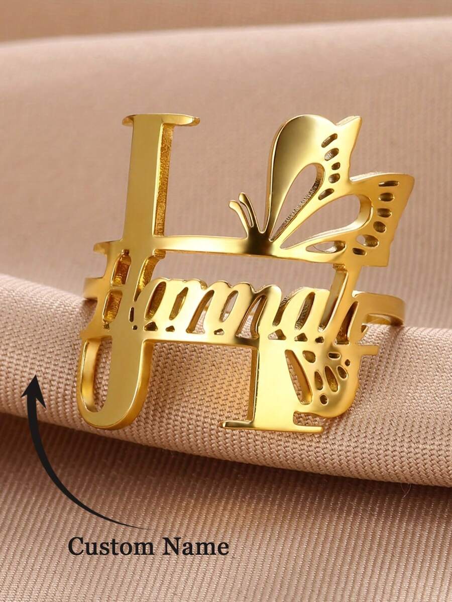 Customized Name Ring Exquisite Initial Letter Butterfly Name Ring For Men And Women Stainless Steel Customized Name Ring Birthday Gift Valentine's Day Gift Couple Accessories Gift Father's Day Gift Mother's Day Gift