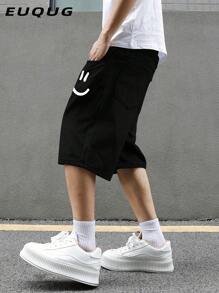 Męskie, casualowe, jeansowe szorty z nadrukiem Smiling Face