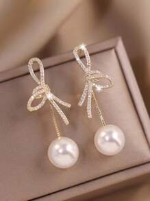 1 Pair High-End Faux Pearl & Zirconia Bow Earrings, Elegant & Versatile Formal Occasion Earrings - Gold - View 1
