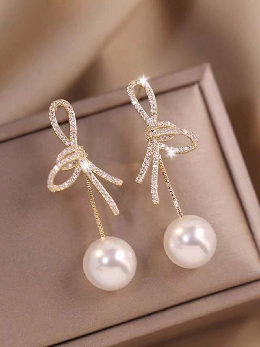 1 Pair High-End Faux Pearl & Zirconia Bow Earrings, Elegant & Versatile Formal Occasion Earrings - Gold - View 1
